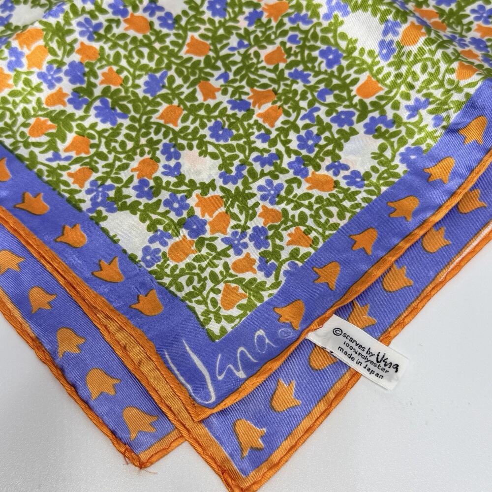 Vera Neumann Signed Scarf Orange Blue Green Orange Floral 28" 1960s Japan - Picture 2 of 5
